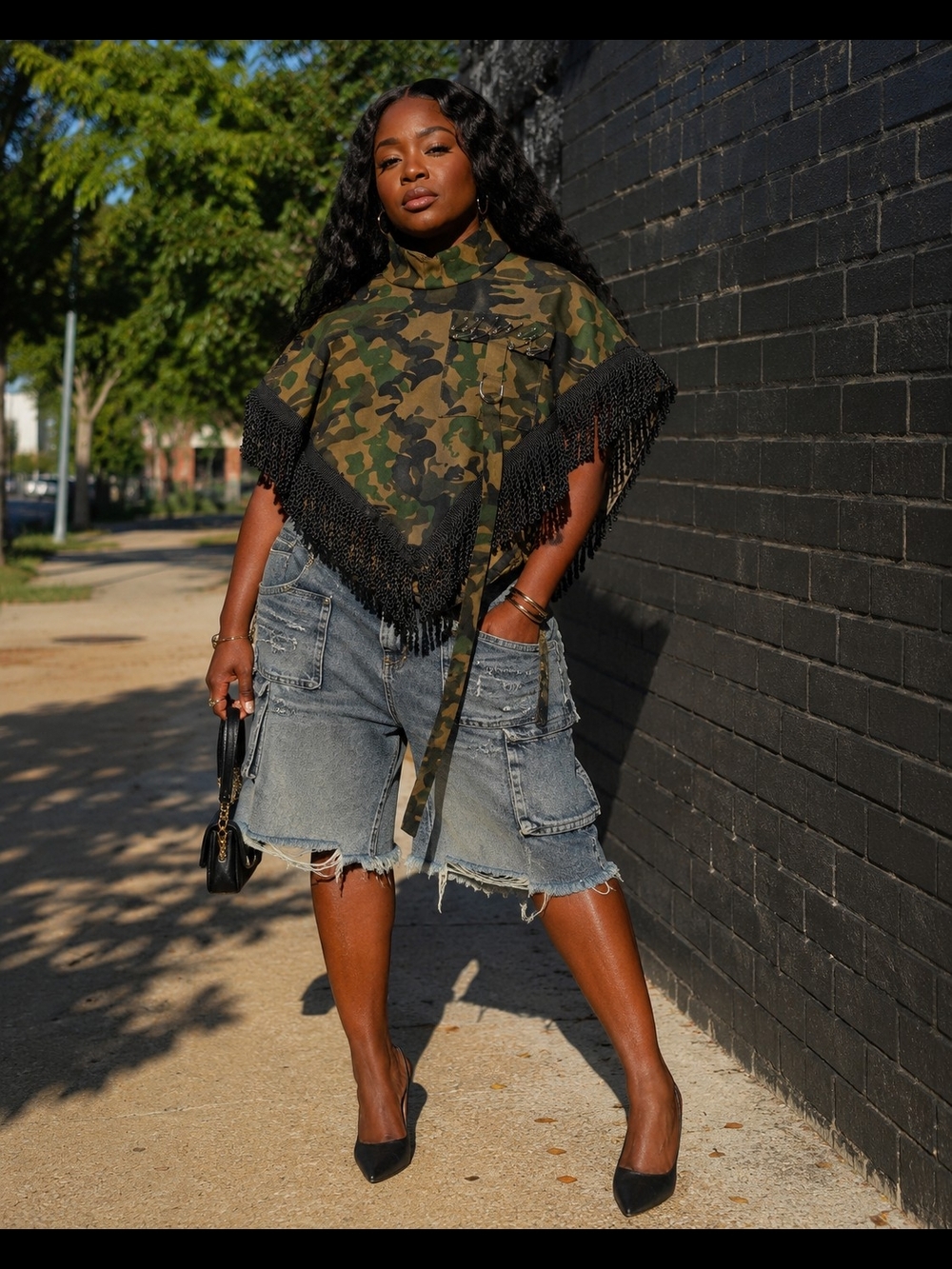 Camo Fringe Poncho Top - Olive Green Camo
